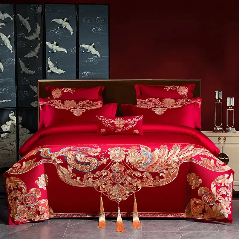 富安娜婚庆200支长绒棉四件套大红纯棉喜被龙凤刺绣结婚床上用品4