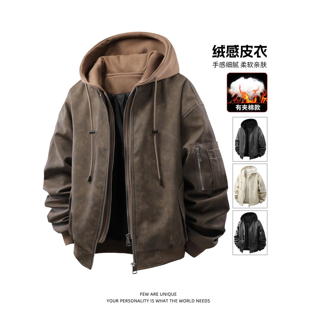 复古棕色连帽皮夹克男秋冬季街头皮衣商务外套潮工装