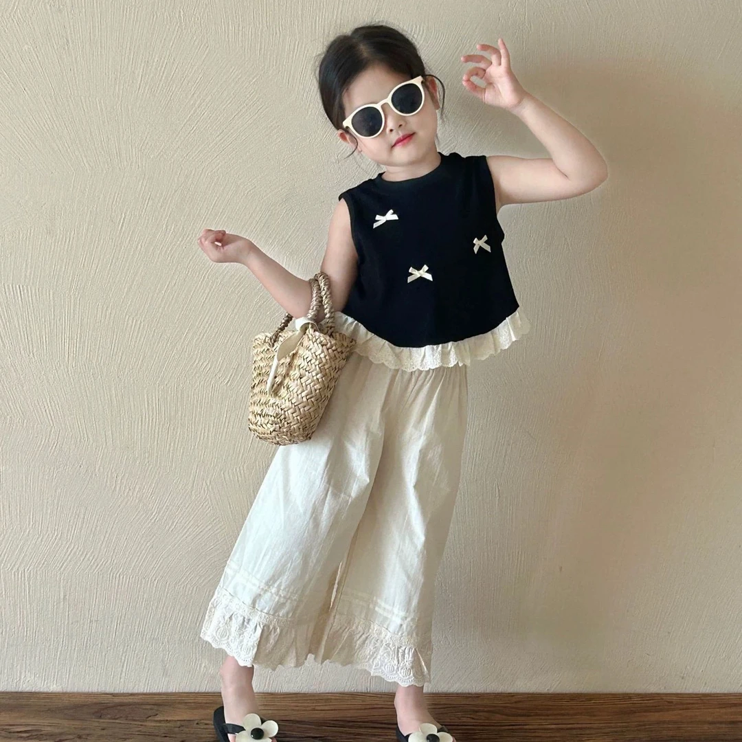 女童蝴蝶结背心套装夏装2024新款韩版时髦儿童吊带薄款长裤防蚊裤