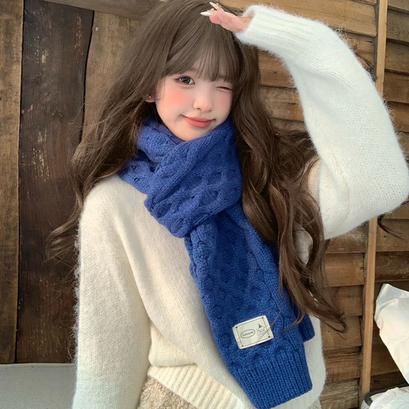 日系纯色围巾女秋冬季保暖防寒高级感百搭学生毛线针织骑行围脖