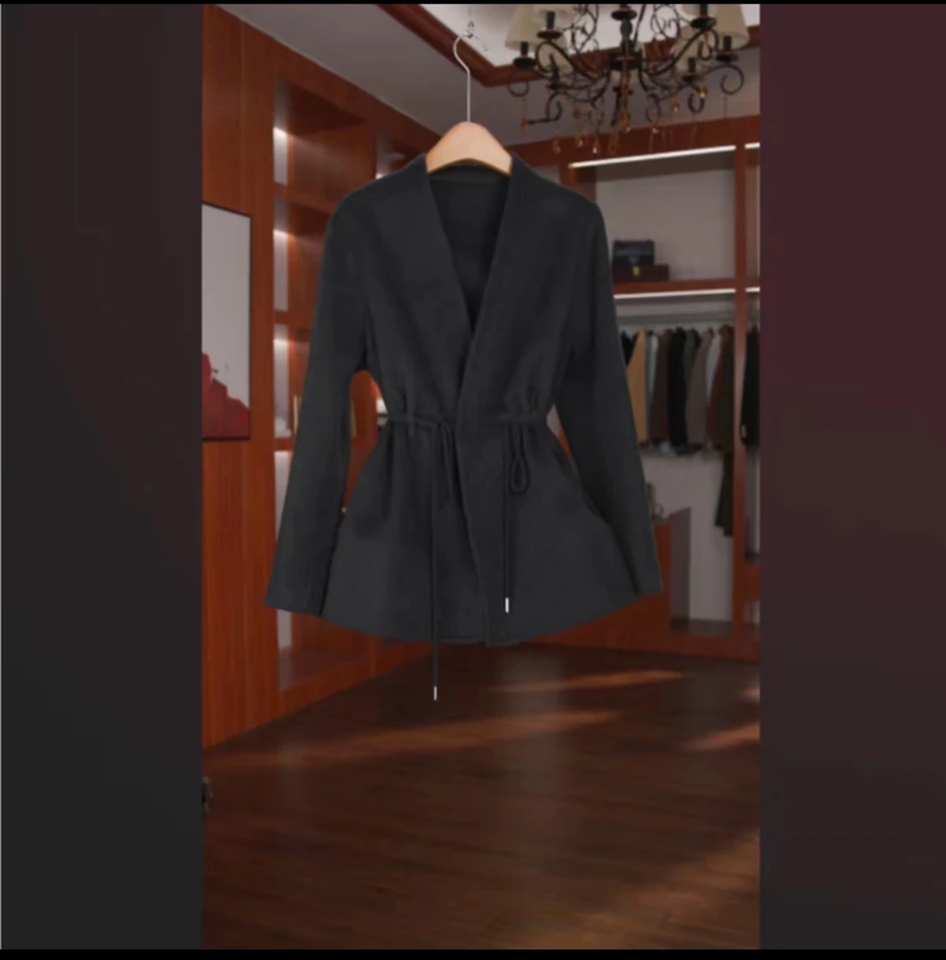 2025秋冬新款双面羊毛外套气质宽松百搭系带休闲