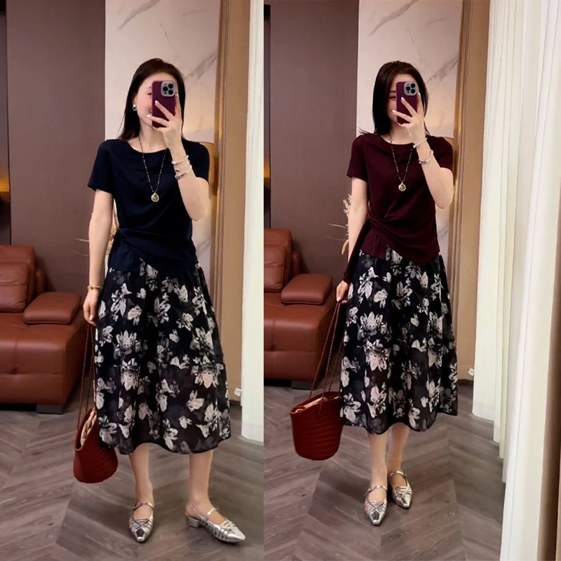 2025夏装搭配一整套减龄时尚百搭不规则短袖上衣好药半身裙两件套