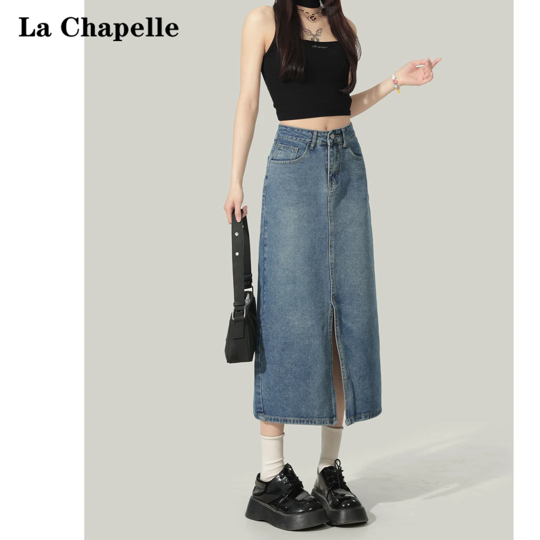 拉夏贝尔高腰显瘦中长款牛仔半身裙女2025春夏季开衩包臀牛仔裙子