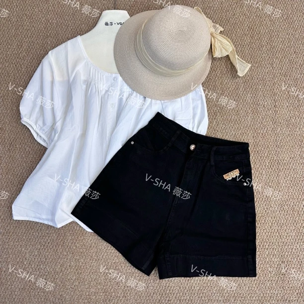 薇莎301【现货】黑色四面弹牛仔短裤