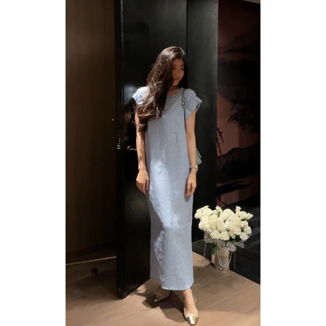 N.COU妮蔻25夏新款设计感烫钻100亚麻圆领宽松直筒连衣裙DY79232