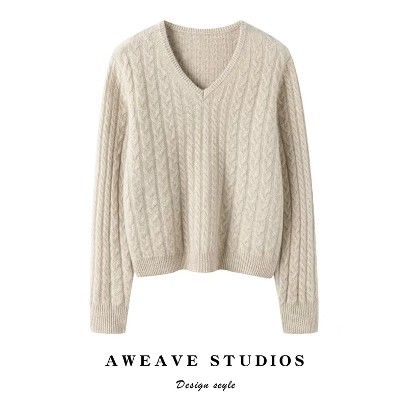 【轻奢绞花】康赛妮100%纯山羊绒 七针V领百搭时尚简约加厚羊绒衫