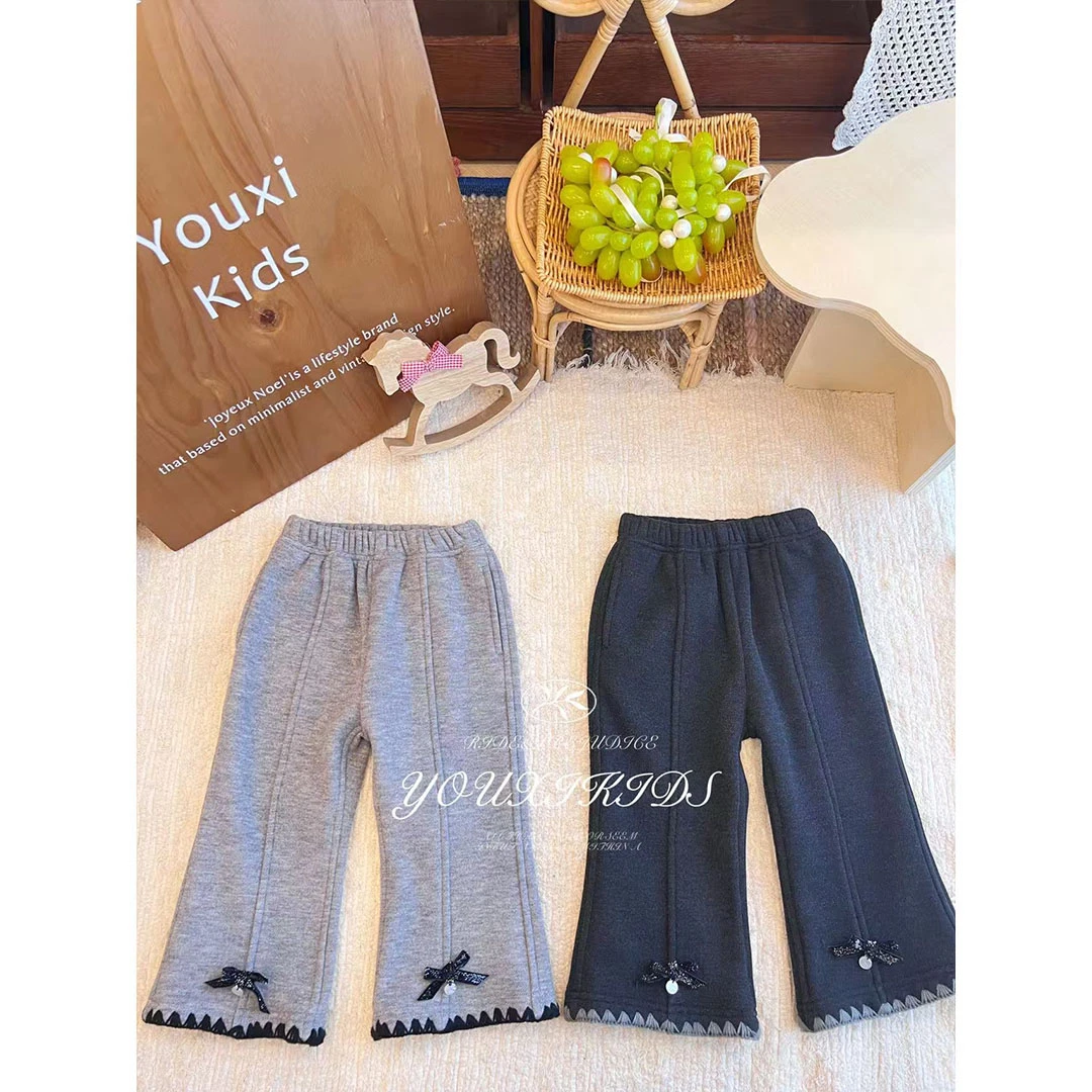 现飞飞家·巧克力25新款秋冬加绒蝴蝶结洋气高级百搭微喇裤 FF3035