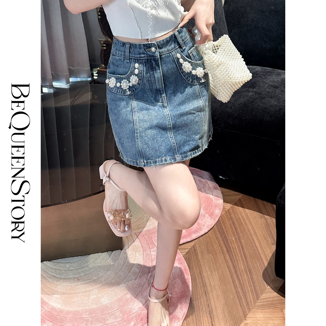 BeQueenStory【鲛人泪珠】时尚百搭修身包臀短款牛仔裤新款