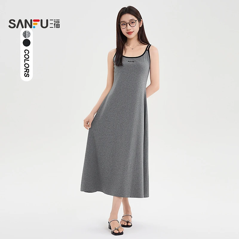 三福连衣裙2025夏季胸口字母绣花纯色简约吊带收腰裙子女装500962
