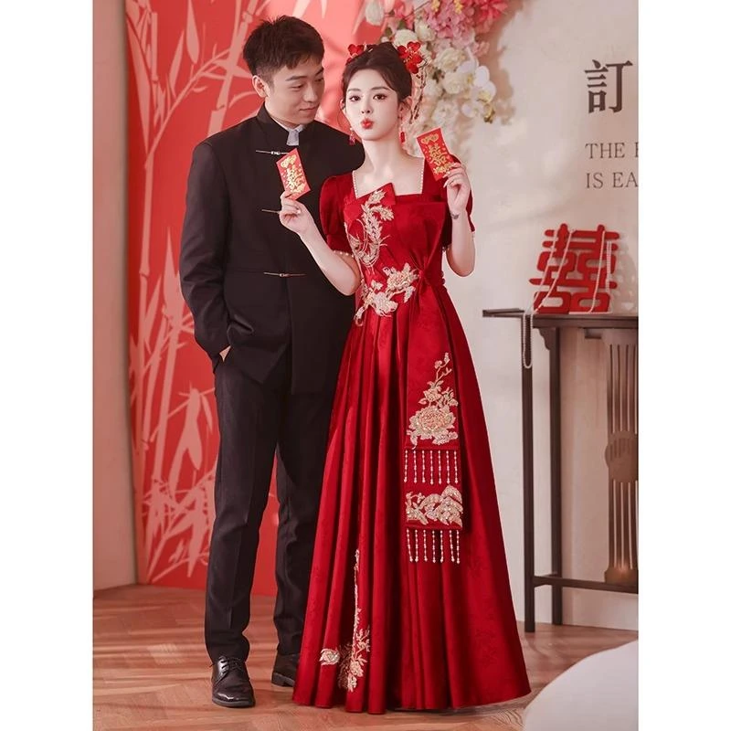 新中式敬酒服新娘高级感酒红色缎面结婚订婚回门礼服裙女国风嫁衣