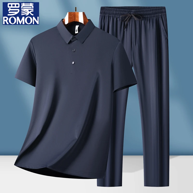 罗蒙高级感男装夏季冰丝超弹无痕宽松短袖长裤套装爸爸夏装两件套