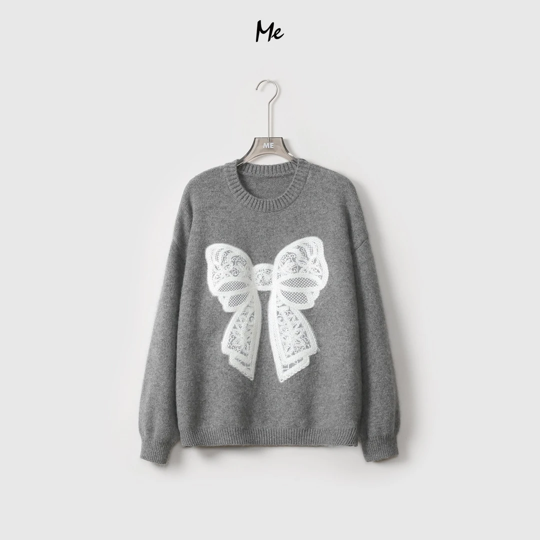 ME【蕾丝蝴蝶结】绵羊毛兔毛混纺拼接针织上衣罗纹圆领毛衣MEQA3959