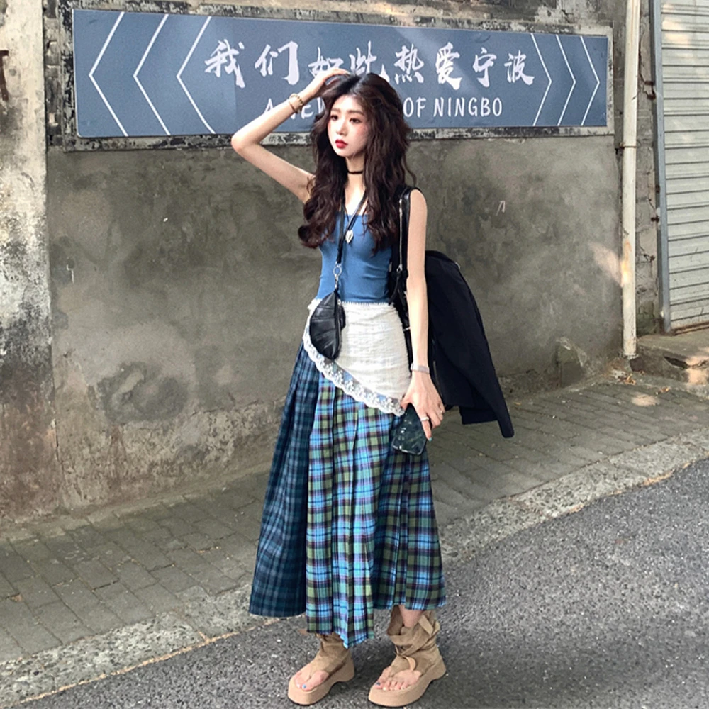 法式度假风格纹百褶学院复古风半身裙宽松格子韩版显瘦小个子