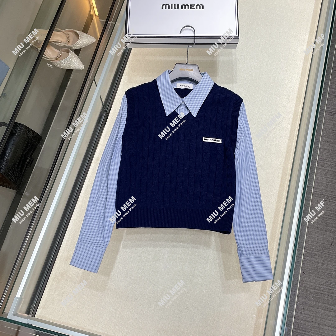 【安妮老板】MIUMEM2025麻花针织马甲拼接翻领衬衫假两件DY5330