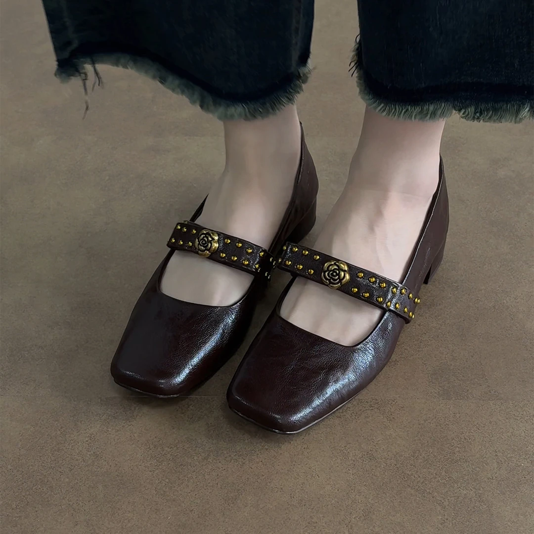 3cm/ED2337羊皮低跟方头玛丽珍鞋女春秋百搭浅口法式复古粗跟单鞋