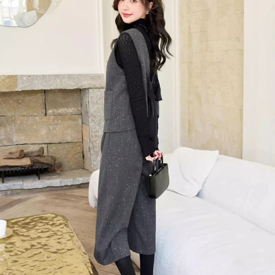 小香风气质洋气设计感蝴蝶结马甲阔腿裤三件套女2025秋装新款套装