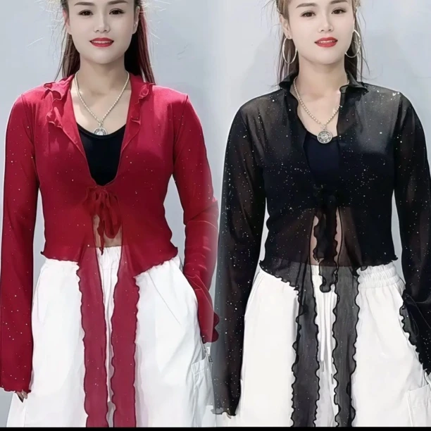 亮片木耳边外披，爵士广场舞屁帘