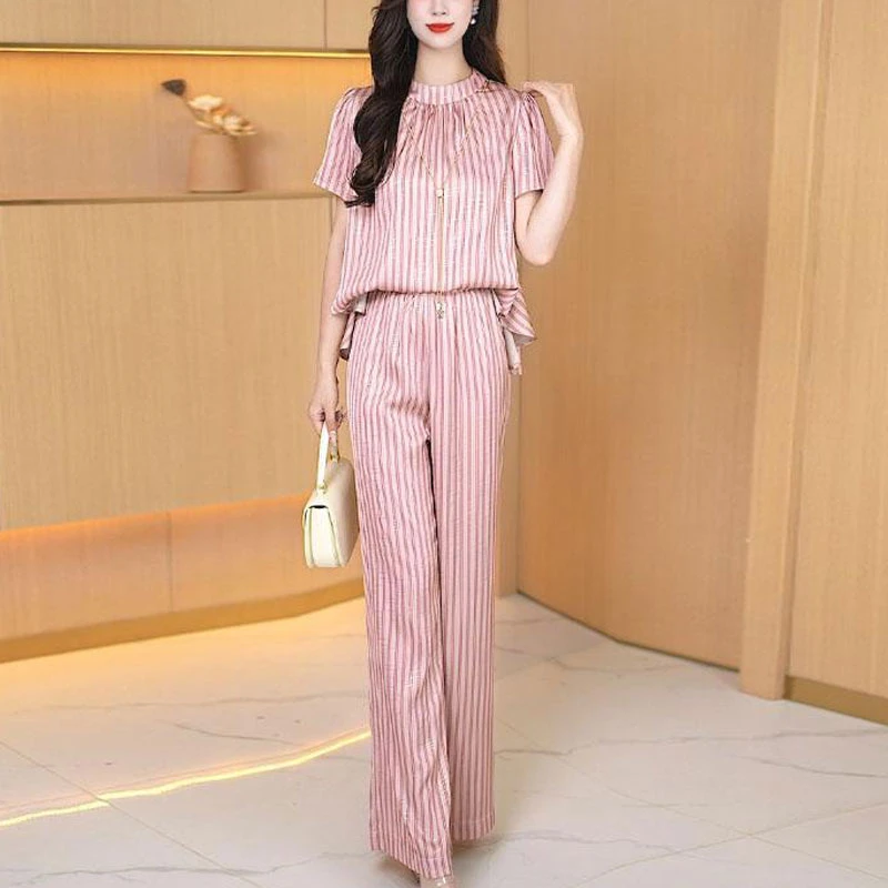 时尚休闲套装女夏季新款洋气宽松显瘦设计感条纹上衣阔腿裤两件套