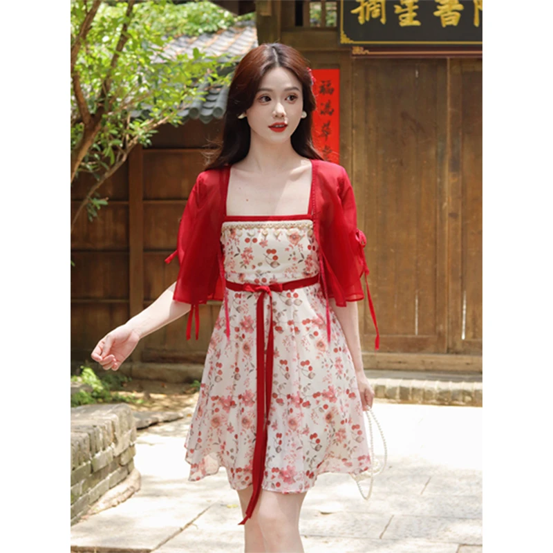 瑶西【夏日红樱】红色巨好看的连衣裙2025新款爆款汉服新中式短裙子