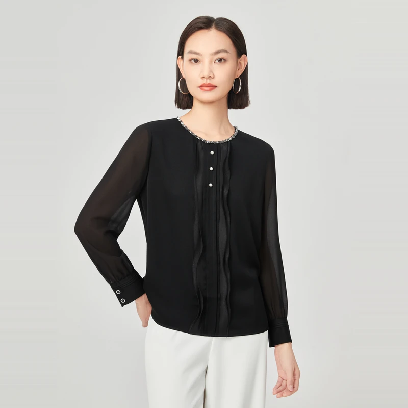 娜尔思简约黑色醋酸衬衫25年秋季新款上衣ND05041W0