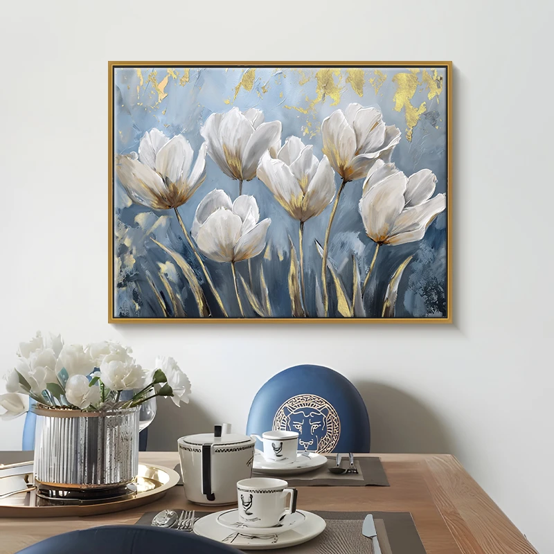 【周画匠】手绘玉兰文艺油画手工金箔兰花装饰画餐厅客厅卧室挂画