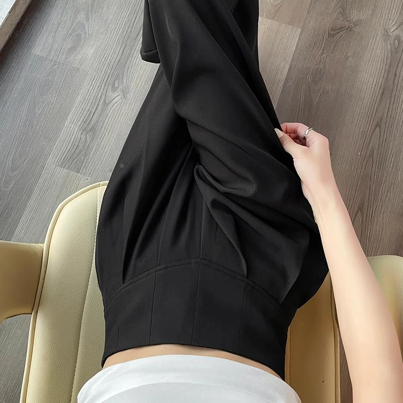 黑色西装裤女夏季薄款冰丝阔腿裤设计感超高腰垂感鱼骨休闲拖地裤
