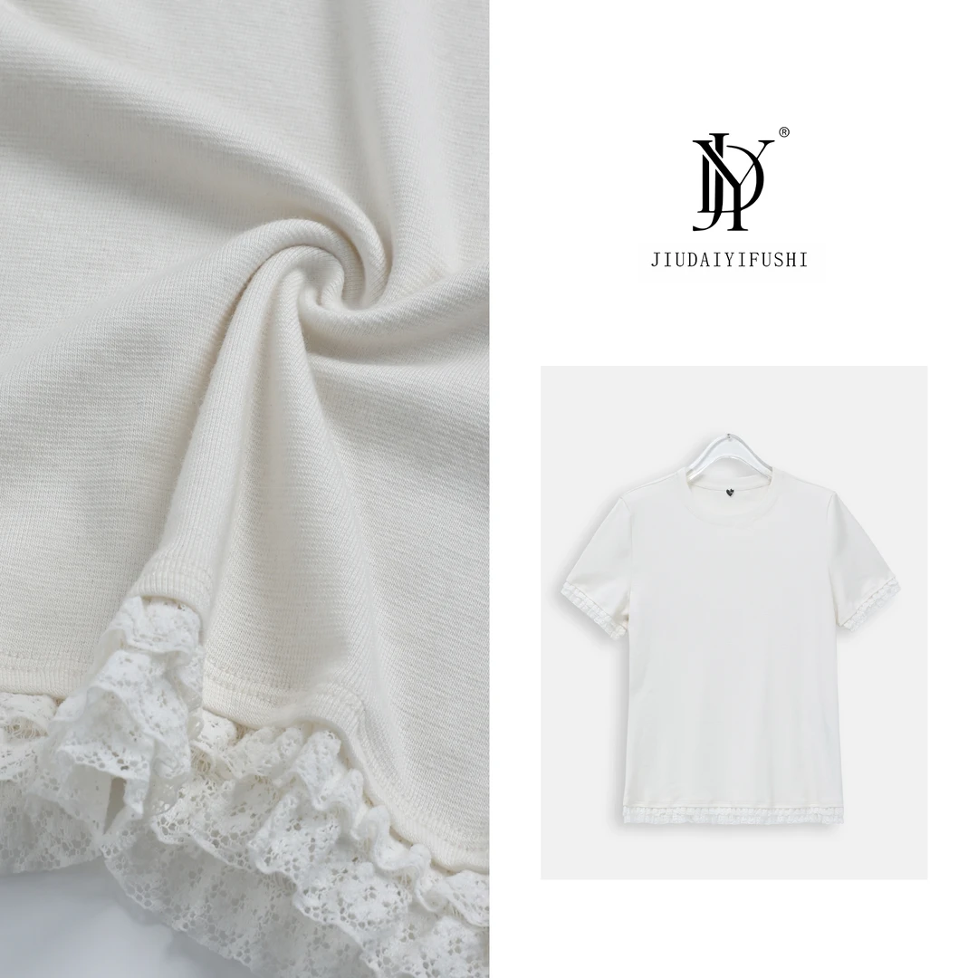 玖黛衣【刚需T】新春圆领小标下摆蕾丝纯色高级T恤TXP38058