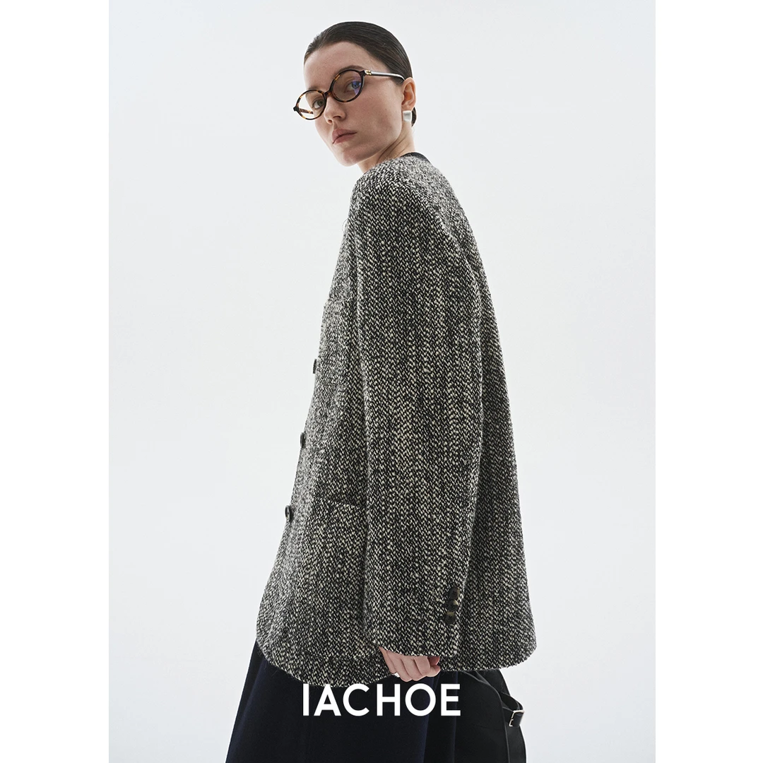 IACHOE【发财】拼接西装毛呢外套3561566004
