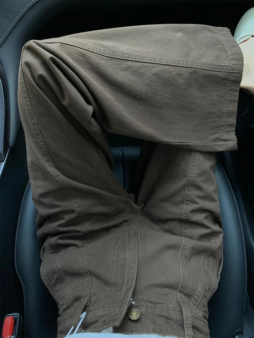 美拉德咖色拼接直筒牛仔裤女秋季新款胖妹妹mm宽松显瘦垂感阔腿裤