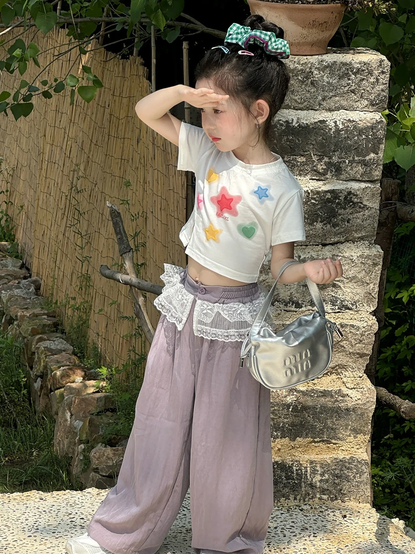 25女童夏季韩系可爱星星彩色泡泡印花开叉T恤+紫色蕾丝拼接凉凉裤