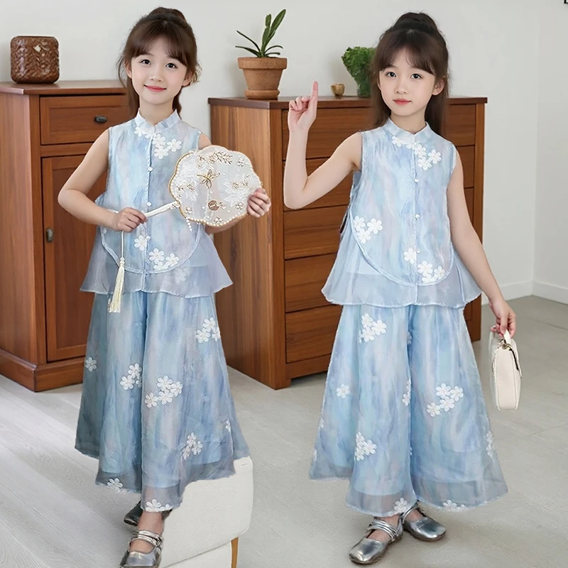 女童汉服裙套装夏装2025新款中大童国风中式盘扣无袖衫裤裙两件套