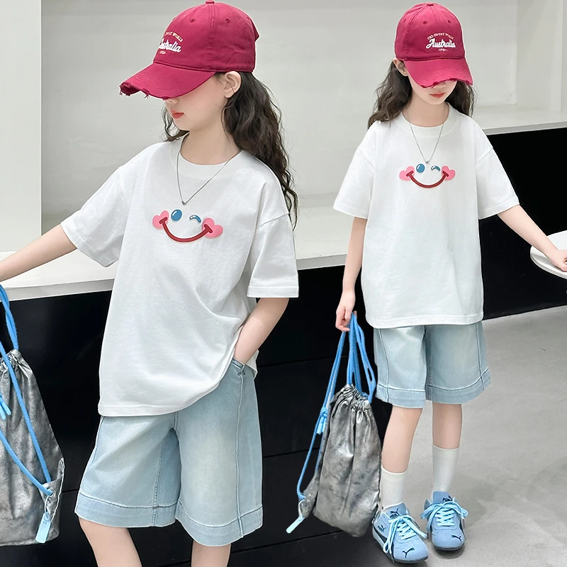 女童短袖牛仔中裤套装2025夏季6-12岁潮款中大儿童时髦洋气两件套