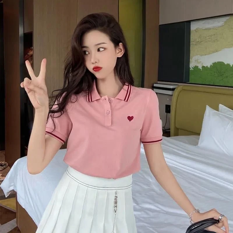 可外穿（珠地）2025新款polo领上衣少女套装刺绣女短袖翻领T恤衫
