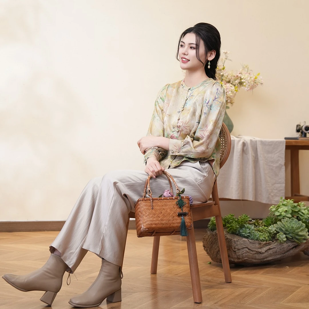 布符2025年春季新款竹枝蝶语中式领长袖上衣女衬衫MCCX33