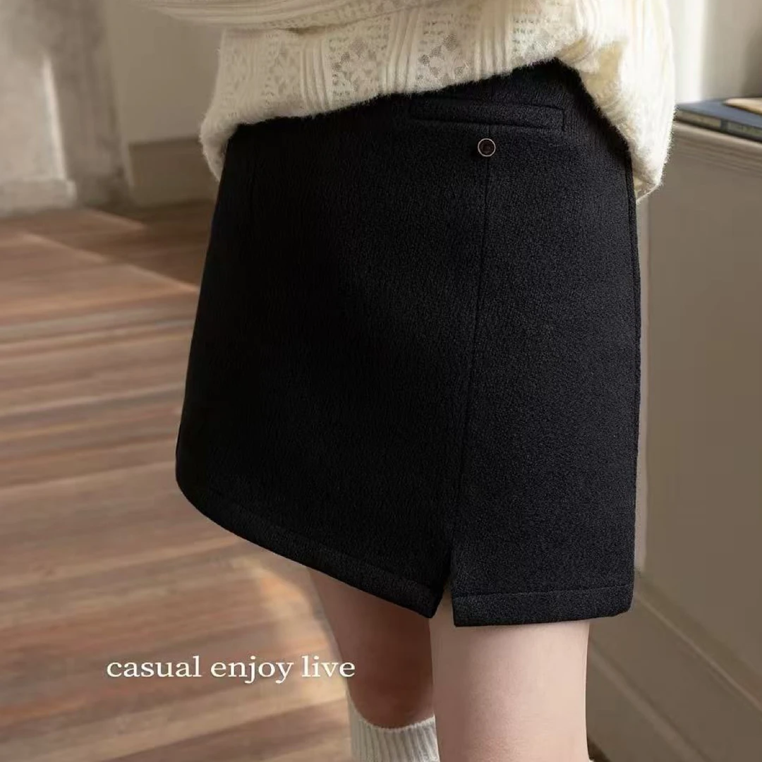 复古灰色毛呢高腰显瘦A字半身裙女秋冬百搭包臀短裙