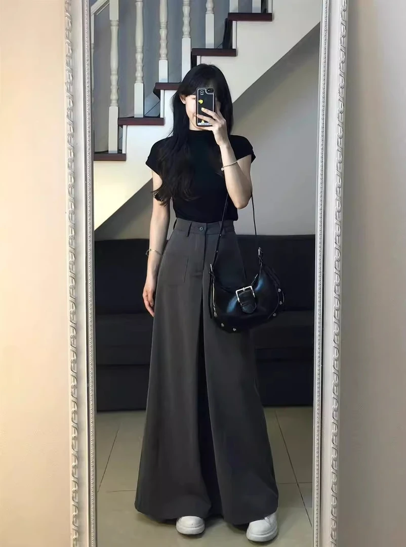 盐系网红套装气质t恤上衣复古高腰阔腿裤子女夏季时尚两件套减龄