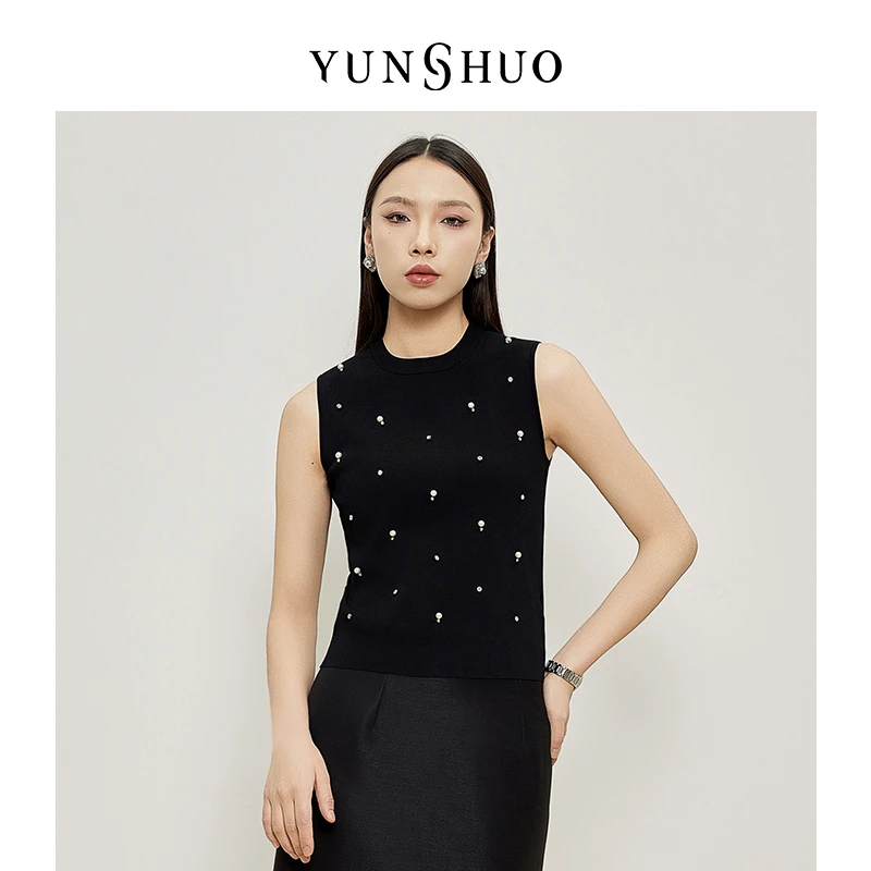 允硕春季新款时尚百搭女气质针织上衣钉珠修身打底毛背心715102