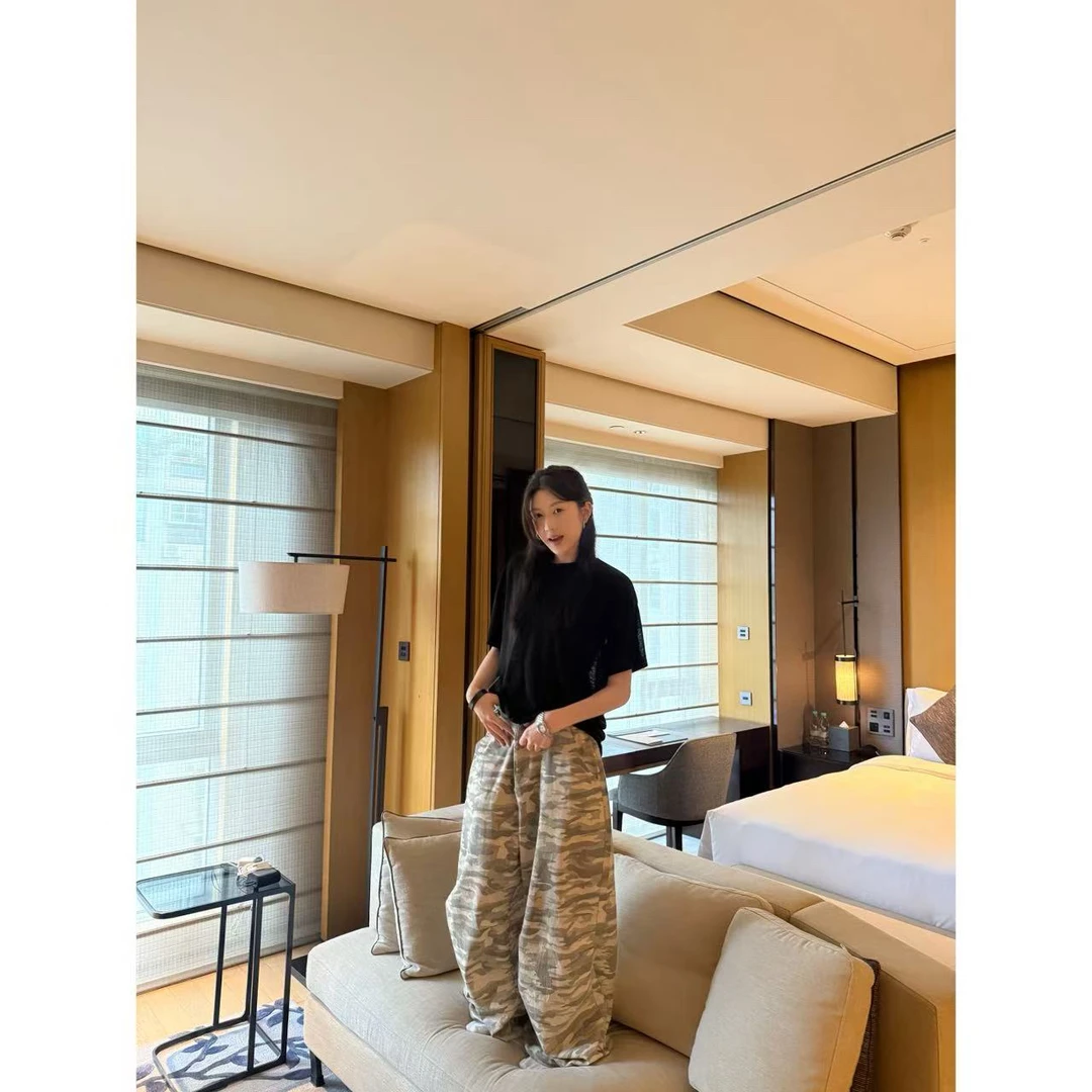 『CHENWANFAN纯棉格纹迷彩裤水洗宽松抽绳工装长裤休闲百搭美式066