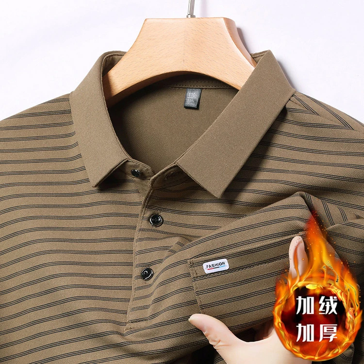 厚款冬季保暖真口袋中老年印花条纹T恤POLO三扣方领款