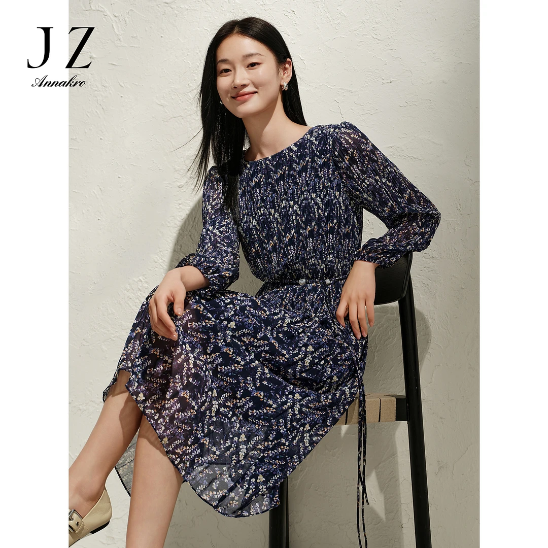 玖姿安娜蔻优雅淑女浪漫碎花压褶雪纺收腰连衣裙女2025春季新款