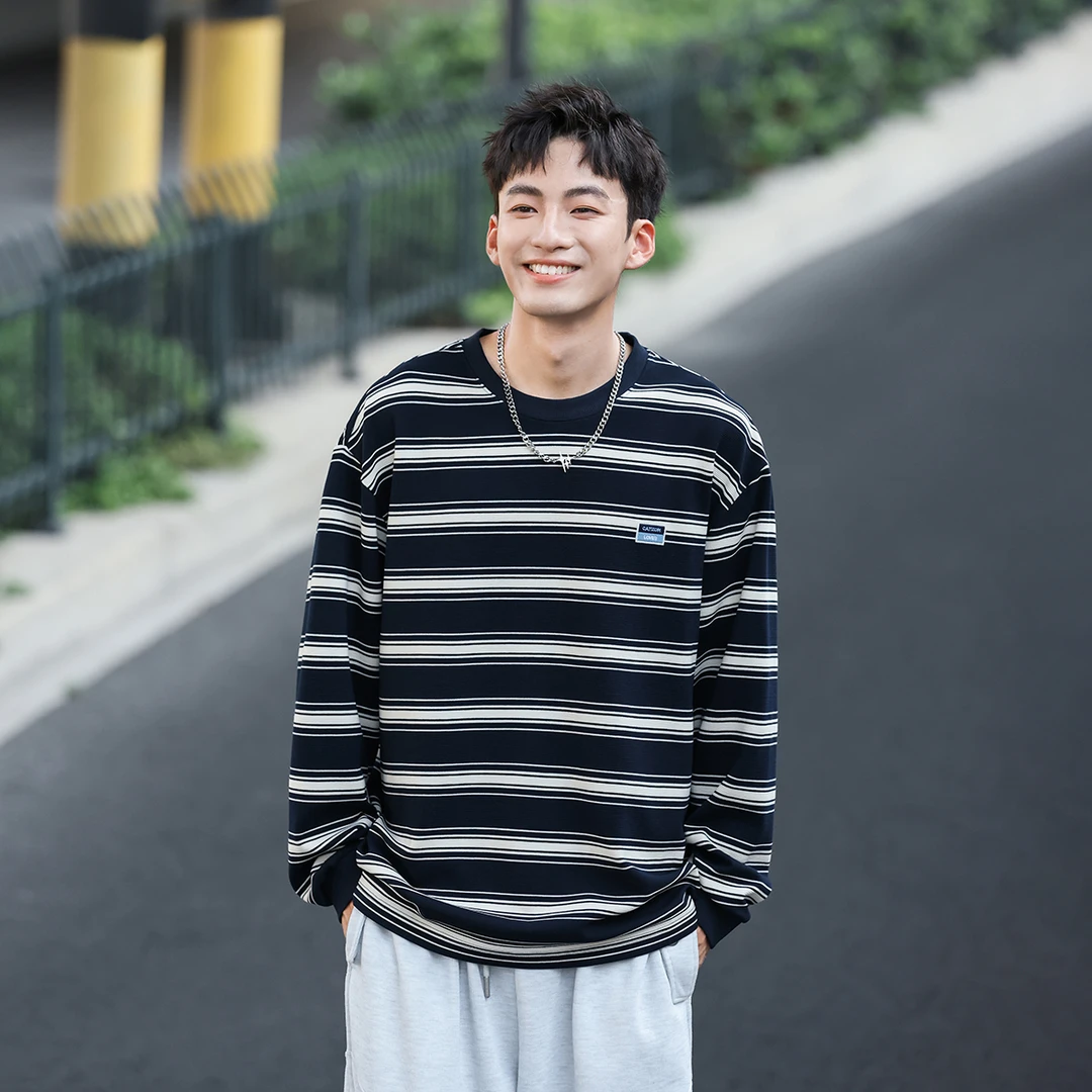 VR97重磅条纹长袖T恤男2024秋冬季新款日系潮牌宽松休闲圆领卫衣