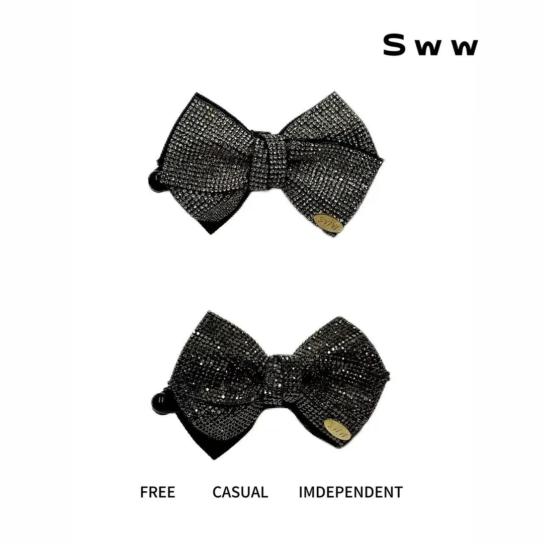SWW韩版闪闪满钻不规则蝴蝶结香蕉夹时尚简约增高颅顶发夹