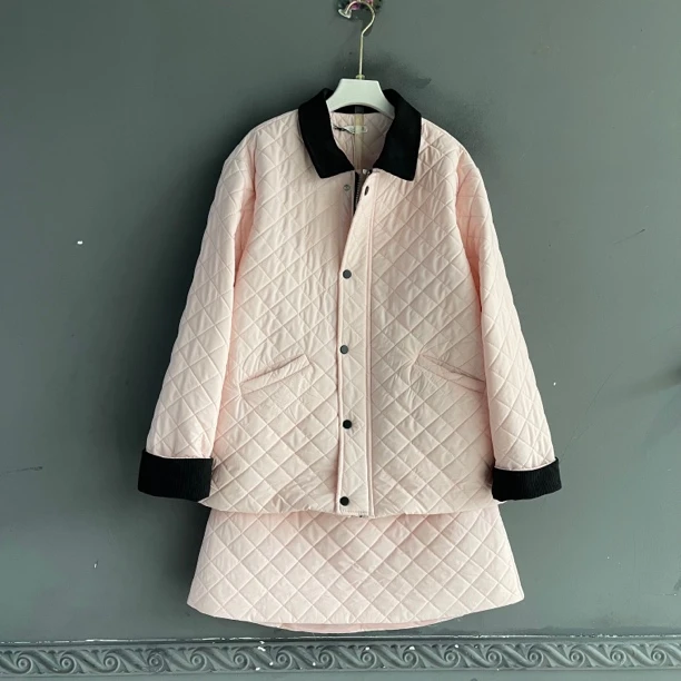 时尚翻领保暖菱格棉服外套高腰短裙两件套装女秋冬气质百搭洋气