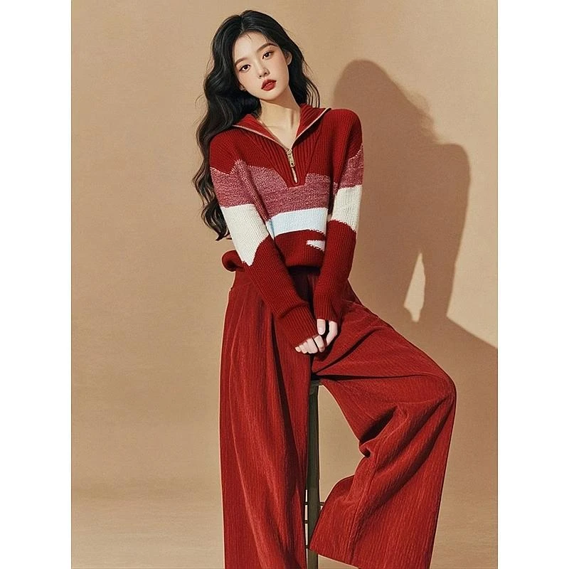 秋冬装一整套高级感小香风酷飒拽姐气质韩系针织上衣阔腿裤套装裤