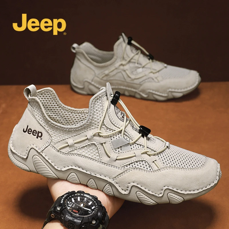 Jeep吉普真皮运动鞋男款2025春夏新款薄款透气包头沙滩开车网面鞋