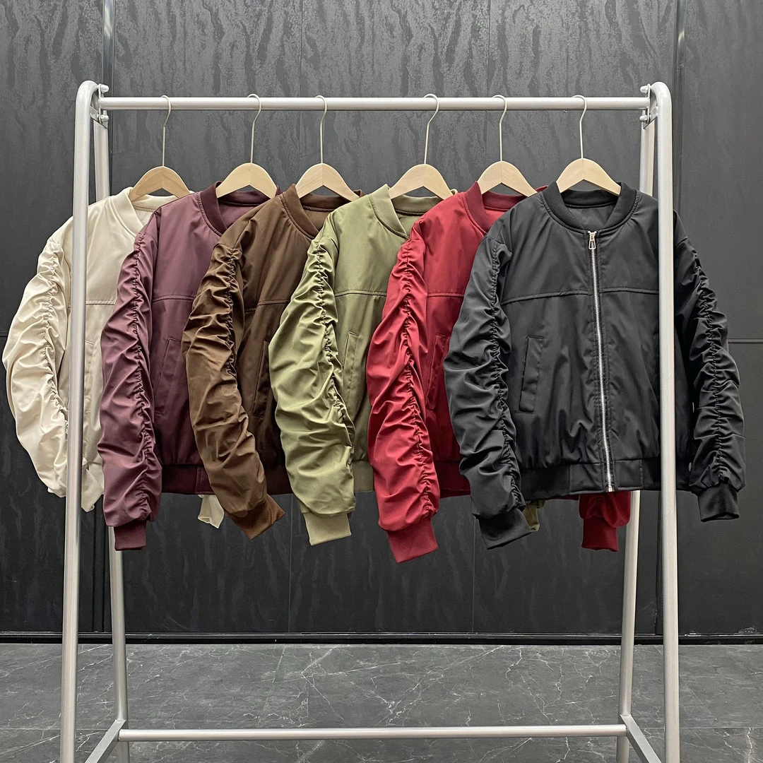 欧美24冬季轻便皱褶袖子宽松加厚棉衣外套女潮流飞行员夹克981-2