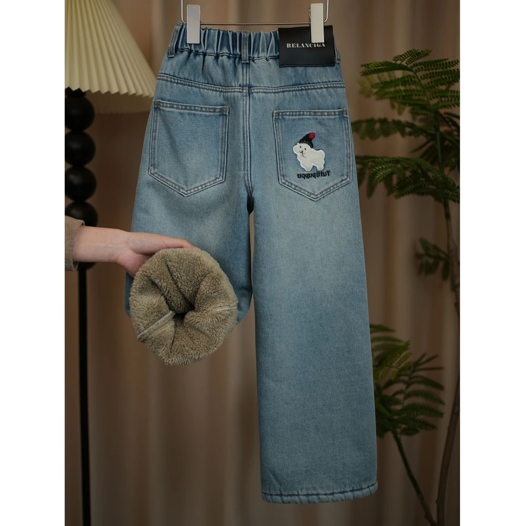 【特厚糕糕绒】女童加绒牛仔裤2025冬款口袋刺绣款中大童直筒裤A188