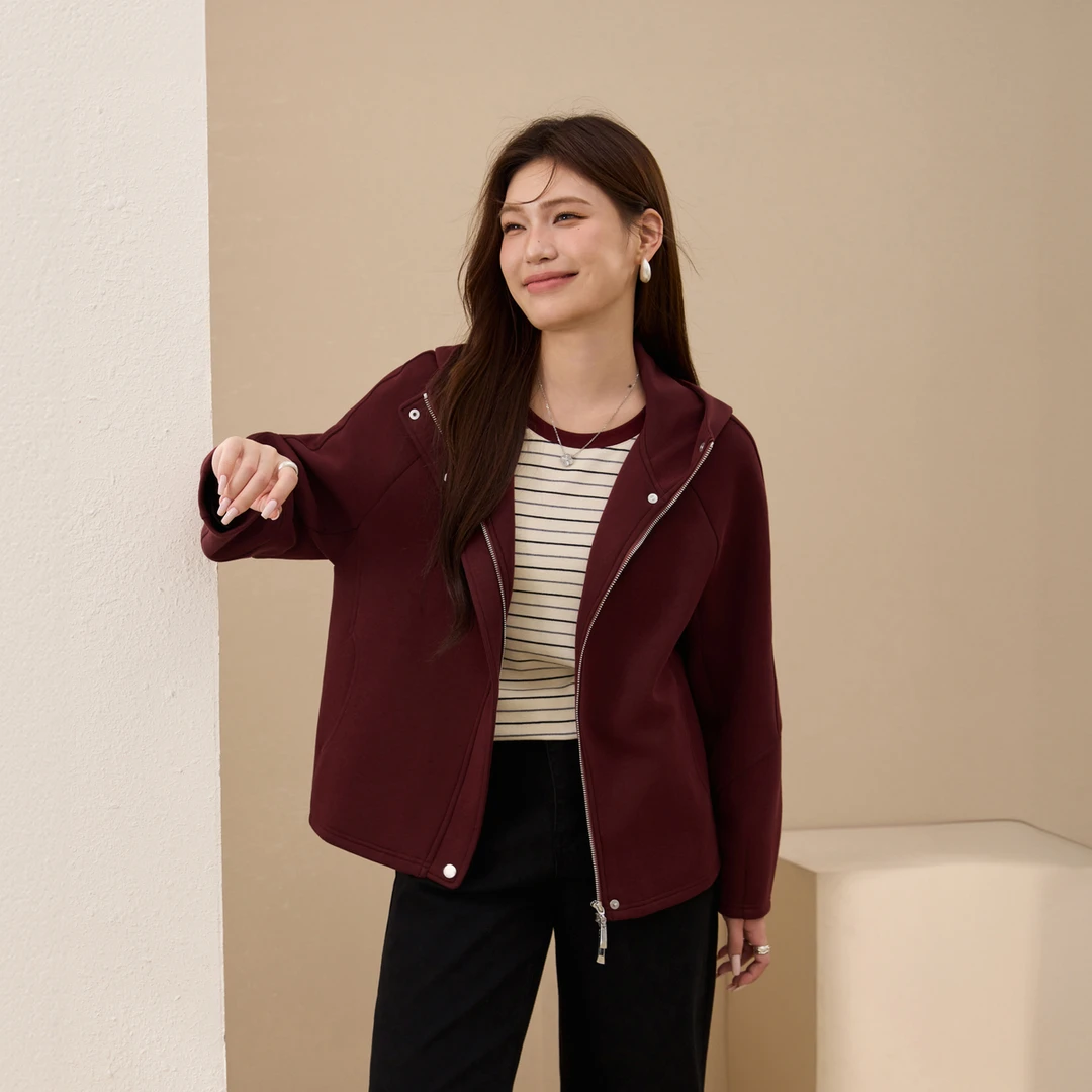 【追风日记】纤莉秀W大码女装流光风休闲连帽拉链双面布外套QK2848