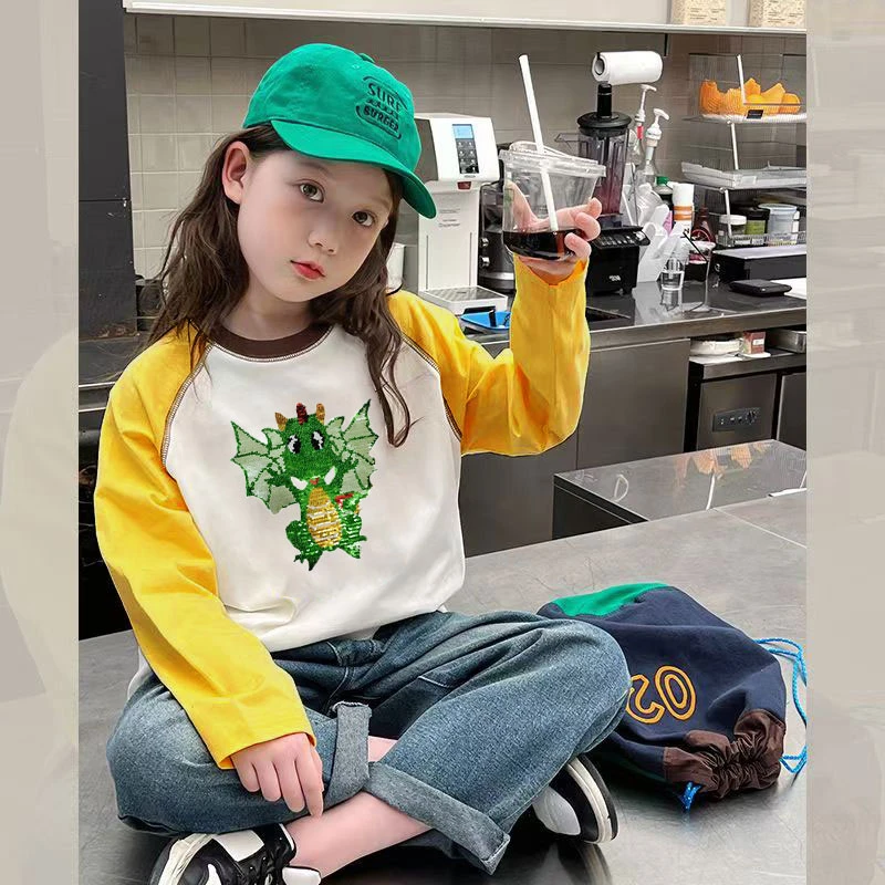 春秋季中大女童女孩宝宝长袖变色棉t恤儿童亮片趣味上衣百搭薄款