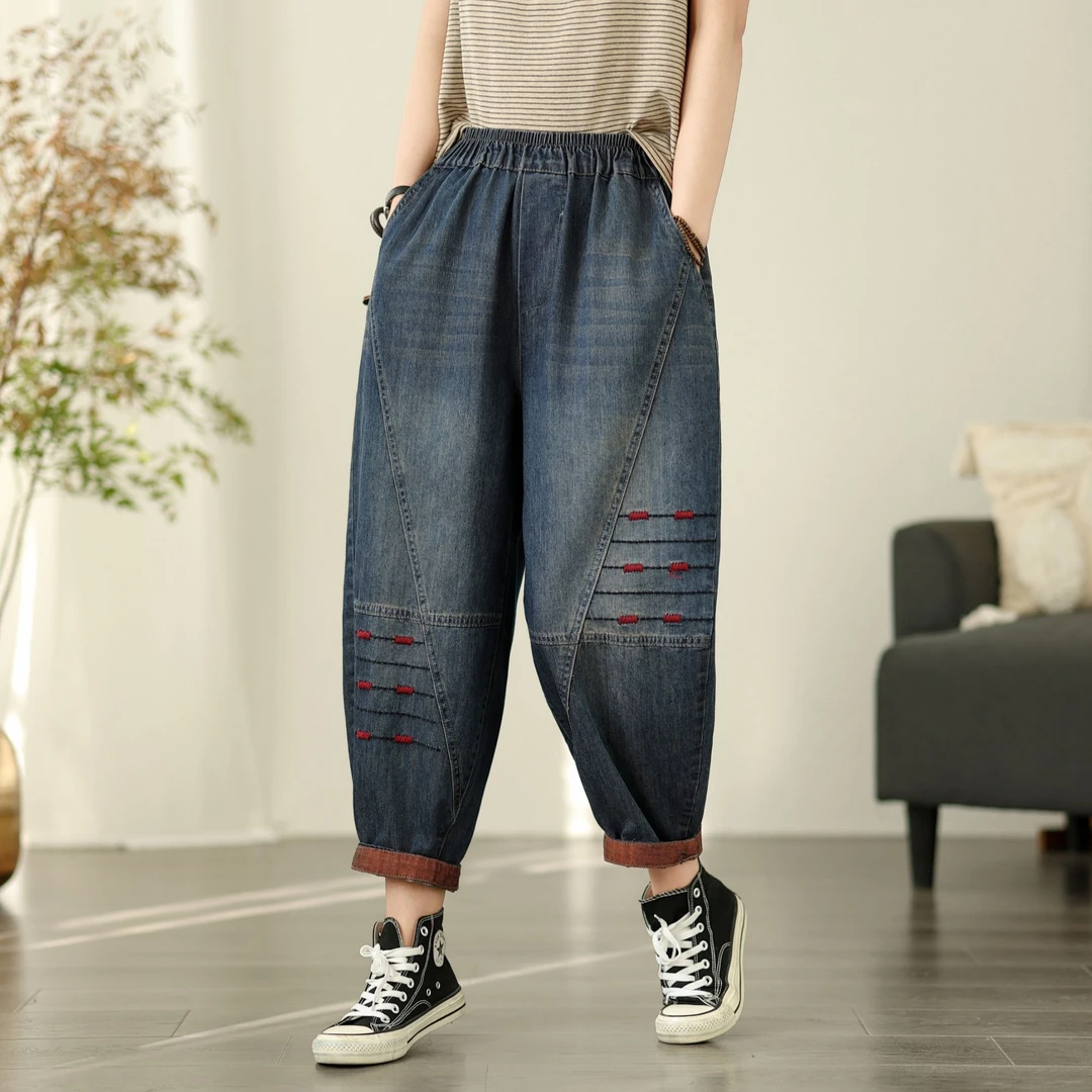 拼接彩色线条刺绣牛仔九分哈伦裤女宽松显瘦薄款卷边八分夏裤新款